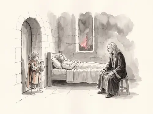 Pippin waits on Denethor as fire falls on the first circle; Denethor sits by Faramir.