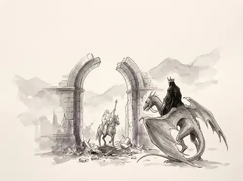Gandalf faces the Witch-king in the broken Gate; the horns sound; he turns to save Faramir from the pyre; Denethor burns.