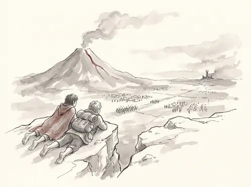 From the Morgai Frodo and Sam look out over the enemy's camps on Gorgoroth to Mount Doom and the Barad-dûr.