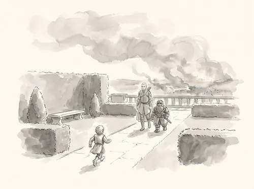 Pippin sits with Merry in the Houses of Healing; Legolas and Gimli come up into the City.