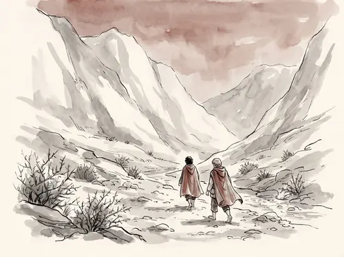 Frodo and Sam trudge north along the Morgai valley toward the Isenmouthe.