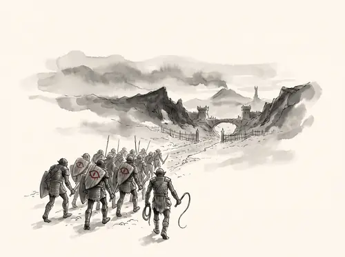 Orcs from Durthang under a slave-driver march to Udûn, sweeping the disguised hobbits along.
