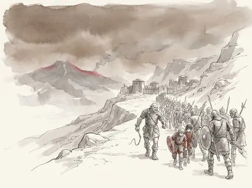 Frodo comes in sight of the Isenmouthe; on the road from Durthang an Orc-company overtakes them and drives them along in its ranks.