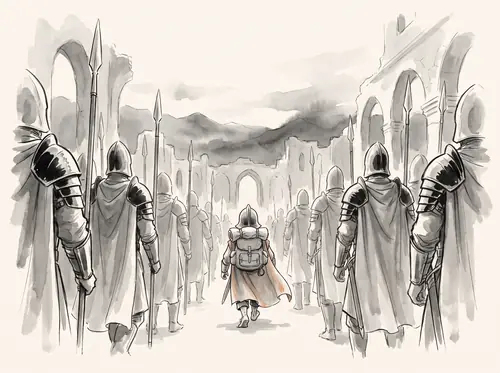 Pippin marches with the Guard of the Citadel beside Beregond.