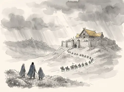 Riding into Edoras with Gandalf, Aragorn sees Théoden healed; he rides west with the King's host toward the Fords.