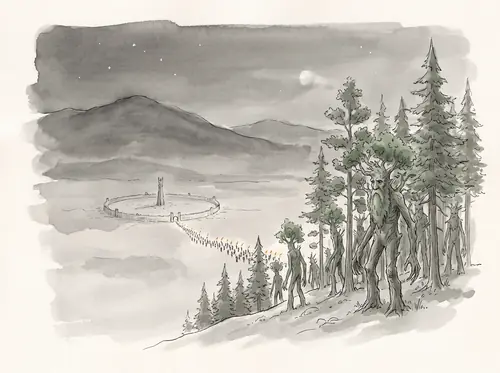Entmoot ends; the Ents march down to Nan Curunír and reach Isengard at night, watching Saruman's army go out.