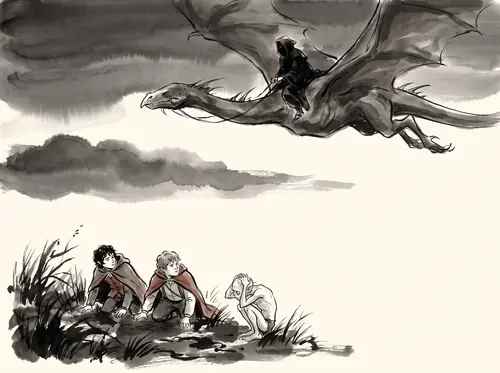 Frodo comes to the end of the Marshes; a winged Nazgûl passes over by night - 'Wraiths on wings!' - and Gollum cowers.