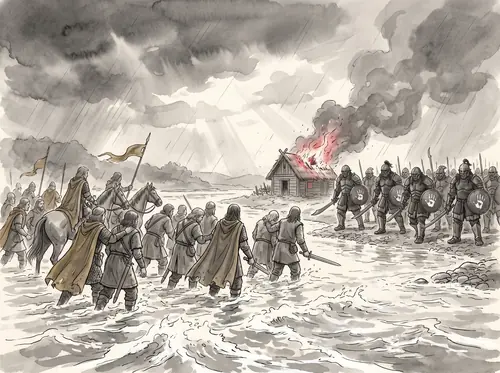 Théoden leads the host west from Edoras; at the Fords Erkenbrand's Westfold force is broken in the Second Battle of the Fords of Isen.
