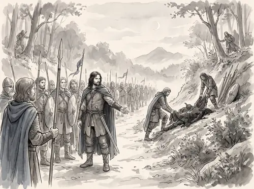 Marching north through Ithilien; an ambush of Orcs and Easterlings is driven off.