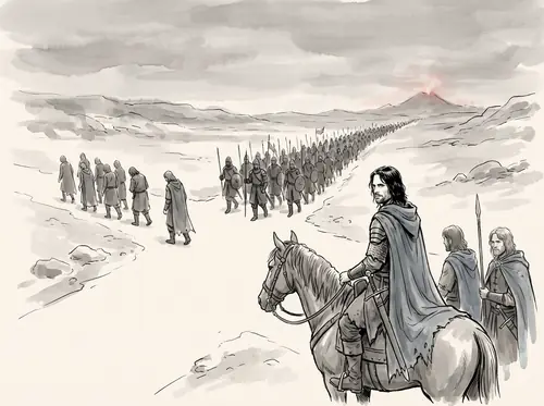 The Host passes out of Ithilien; Aragorn dismisses the faint-hearted, sending them to retake Cair Andros.