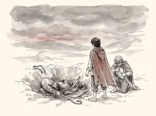 Frodo and Sam cast away their arms and gear; Frodo will bear no weapon; Sam keeps only Sting and the Phial.