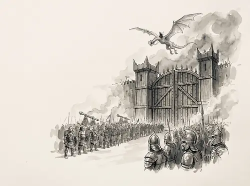 Sauron's host waits hidden behind the Morannon; the Nazgûl watch the Captains from above.