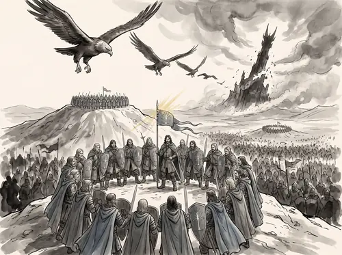 The Host is surrounded on the Slag-hills; the Mouth of Sauron parleys; battle is joined; the Eagles come; Barad-dûr falls and Sauron passes.
