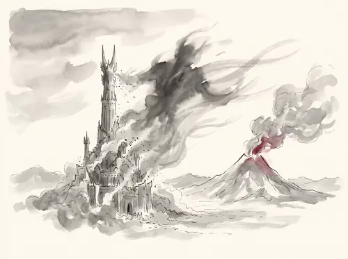 The Downfall of Barad-dûr; Sauron's spirit rises as a shadow and is blown away; the Nazgûl perish in the fire of Orodruin.
