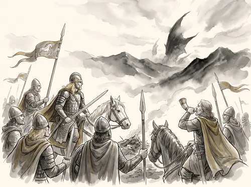 Éomer stands with the Host on the Slag-hills through the battle and the Downfall of Barad-dûr.