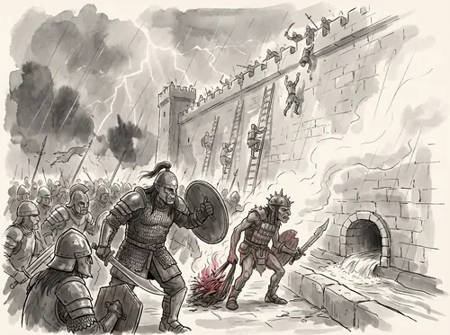 Saruman's Uruks and Dunlendings assault the Hornburg through the night; behind them Isengard is broken and Saruman shut in Orthanc.
