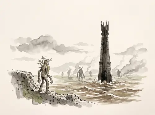 The Ents complete the destruction of Isengard, breaking the walls and turning the Isen to flood the ring.