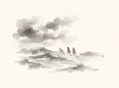 Frodo crosses the dead lands beyond the Marshes by night, hiding by day, toward the Morannon.