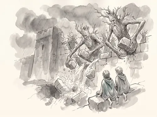 At Isengard the Ents tear down the walls; Merry and Pippin watch from the ring of stone.