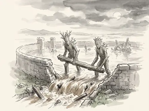 The Ents drain the flood from Isengard; the Huorns return from Helm's Deep and pass Théoden's camp by night.