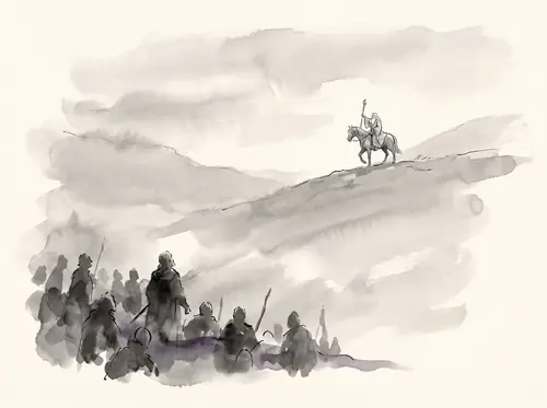 At dawn Gandalf brings Erkenbrand to the Hornburg; the enemy is destroyed. He and Théoden set out for Isengard, halting by the Fords at night.