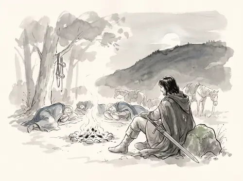 Théoden's company reaches Isengard at noon; after the parley with Saruman, Aragorn camps at Dol Baran.