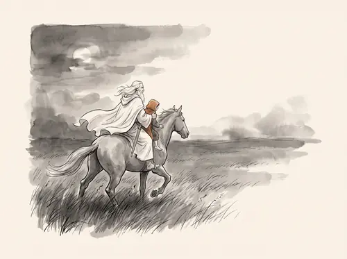 Riding on Shadowfax across Rohan with Gandalf; they rest hidden by day and ride by night.