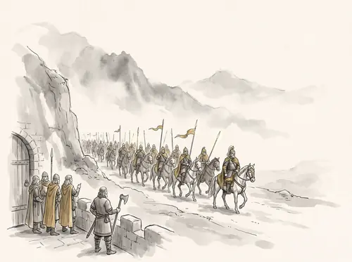 Théoden sets out from the Hornburg for Harrowdale by the mountain roads; Erkenbrand is left to guard the Westfold.