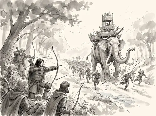 Faramir ambushes the Haradrim on the road north; an oliphaunt breaks loose; he questions Frodo at Henneth Annûn.