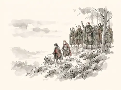 Faramir releases Frodo with provisions; guided to the edge of the wood, they travel south with Gollum.