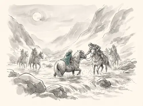 Merry rides with Théoden toward Harrowdale.
