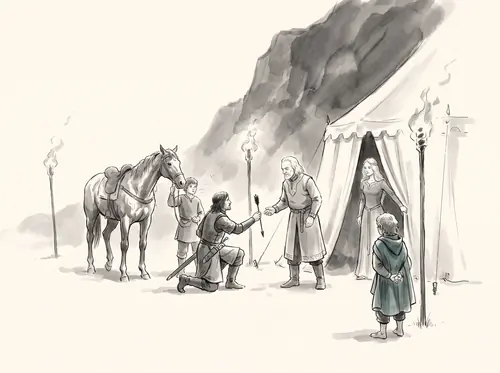 Merry rides with Théoden into Harrowdale and up to Dunharrow, where Éowyn waits; Hirgon brings the Red Arrow at night.