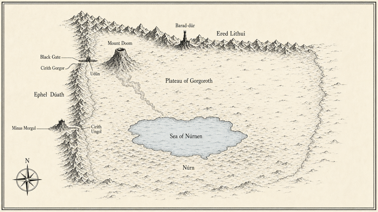 The locked black-and-white reference for Mordor, generated once and used as the geographic source-of-truth for every styled render after that.