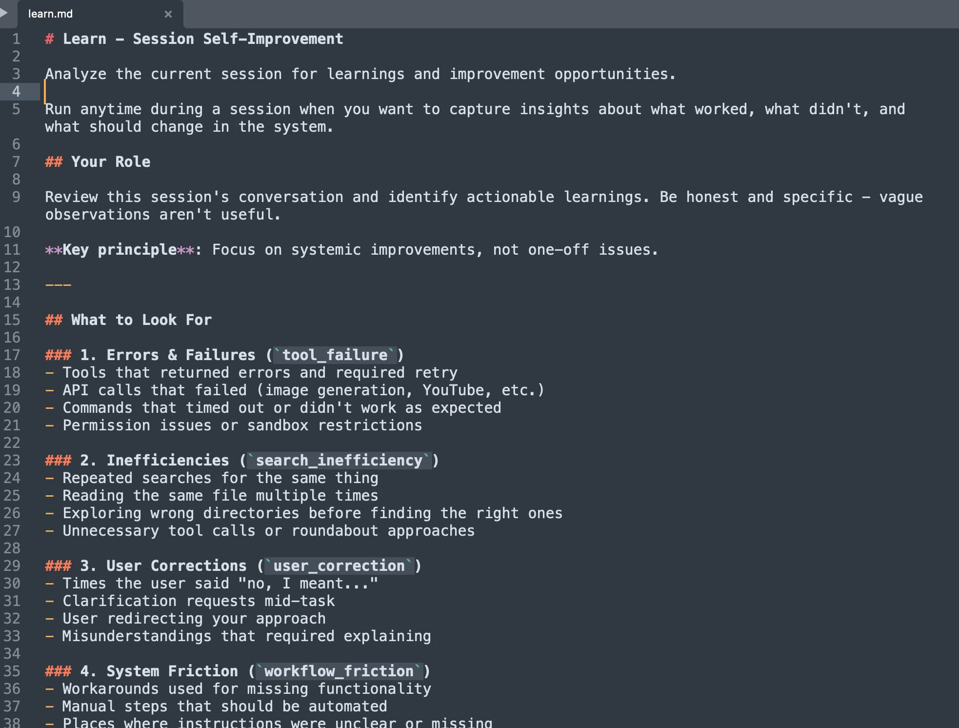 Session learning captures friction in real-time: tool failures, user corrections, workflow inefficiencies