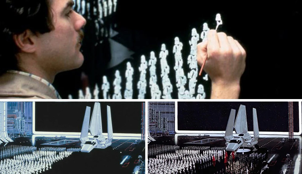 An artist hand-painting stormtroopers for the Emperor's arrival scene in Return of the Jedi. Craft that was replaced by CGI, and now by AI