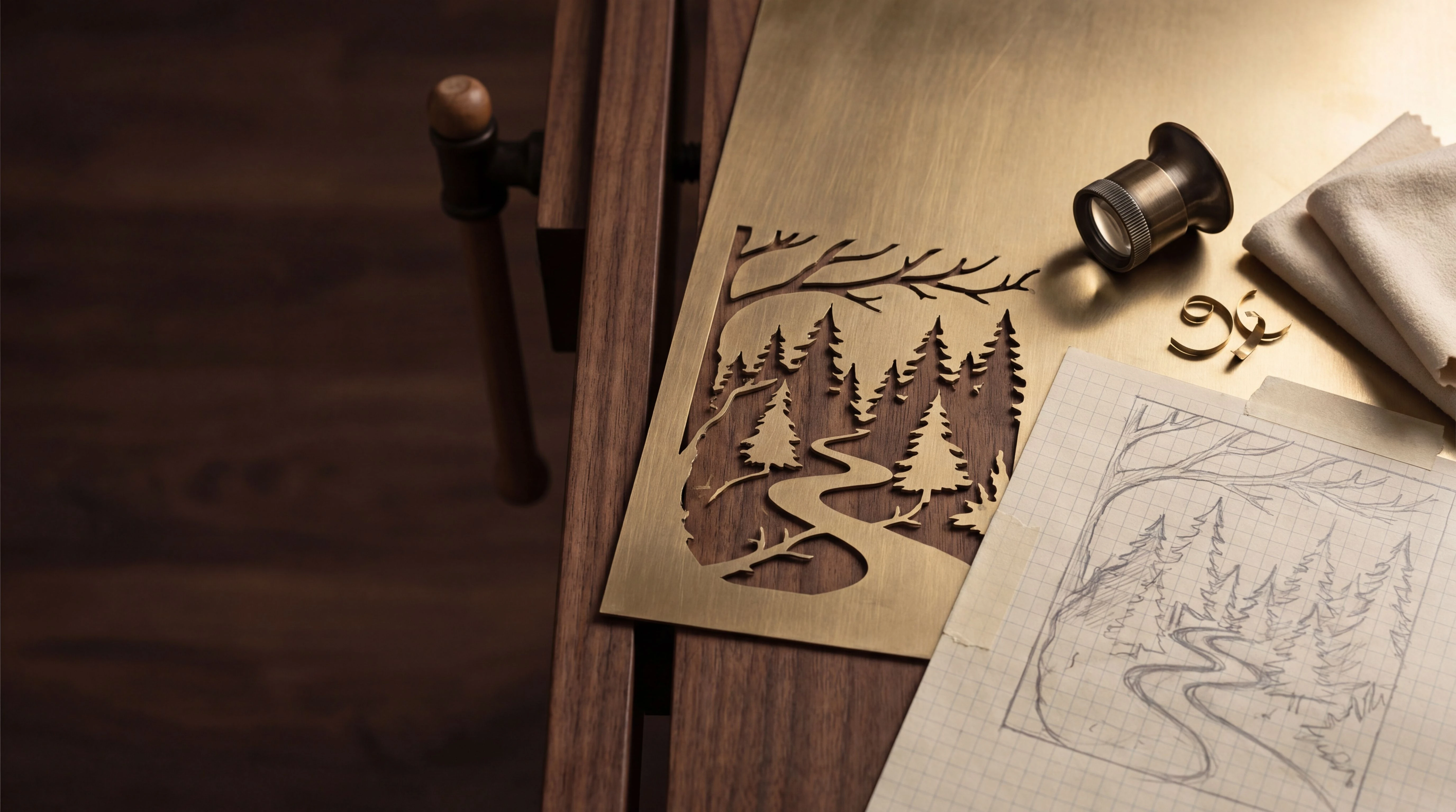 A craftsperson's workbench: a brushed brass sheet with a forest design laser-cut into it, a small jeweler's loupe, a soft cloth, brass off-cuts, and a graphite pencil sketch of the same forest design on graph paper, all on a dark walnut surface beside a wooden vice.